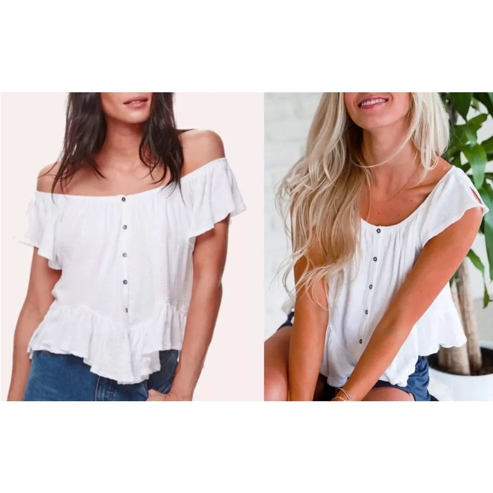 Free People Top Medium 8 10 White Wear 2 Ways Scoop or Cold Shoulder SOFT NWT